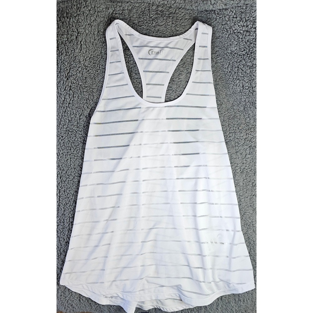 Zyia Active White Mesh Stripe Racerback Tank Top Womens Small Athleisure Yoga